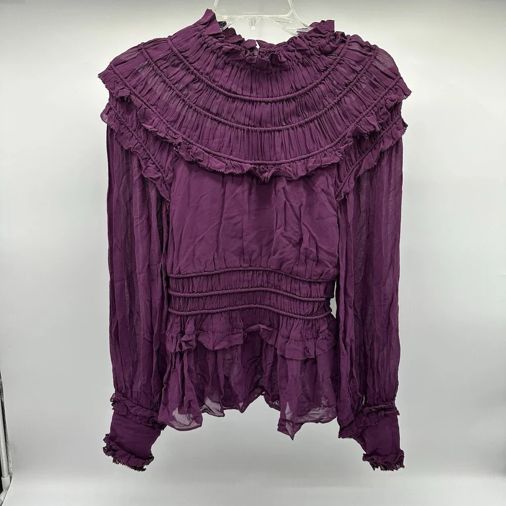 Farm Rio Size XXS Purple Smocked Long Sleeve Mock Neck Ruffled Peplum Top NWOT - Picture 2 of 13